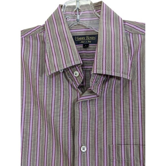 Harry Rosen Mens L Casual Button Up Shirt Olive Green Pink Striped Cotton Italy - Picture 3 of 5